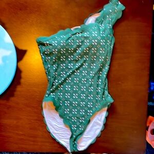 J Crew olive Green, scalloped, eyelet one shoulder swimsuit
